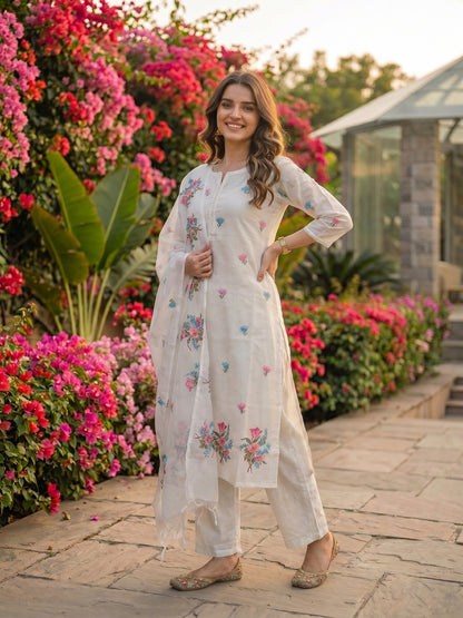 Solid Floral Embroidered Straight Kurta with Pant and Dupatta - White