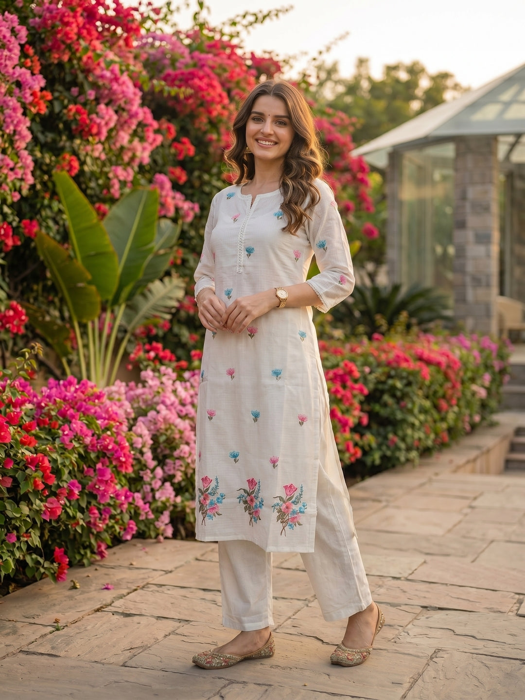 Solid Floral Embroidered Straight Kurta with Pant and Dupatta - White