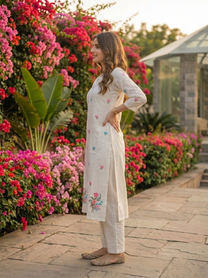 Solid Floral Embroidered Straight Kurta with Pant and Dupatta - White