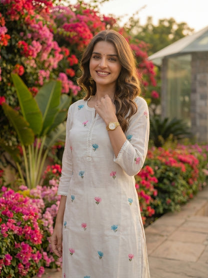 Solid Floral Embroidered Straight Kurta with Pant and Dupatta - White
