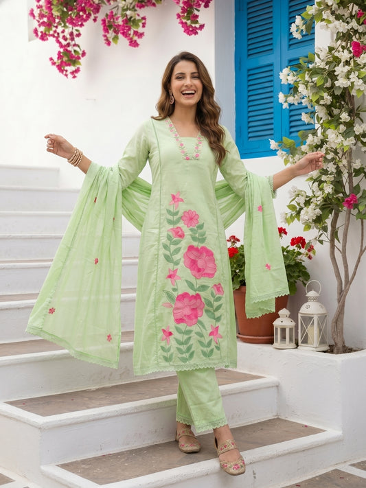 Solid Floral Embroidered A-Line Mulmul Kurta with Palazzo and Dupatta - Pista Green