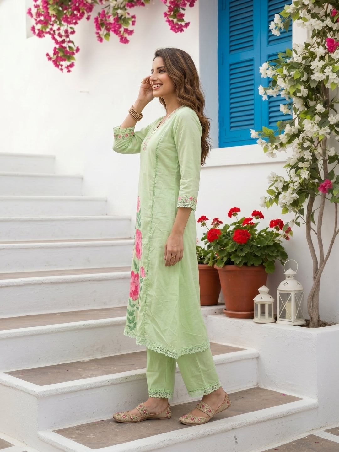 Solid Floral Embroidered A-Line Mulmul Kurta with Palazzo and Dupatta - Pista Green