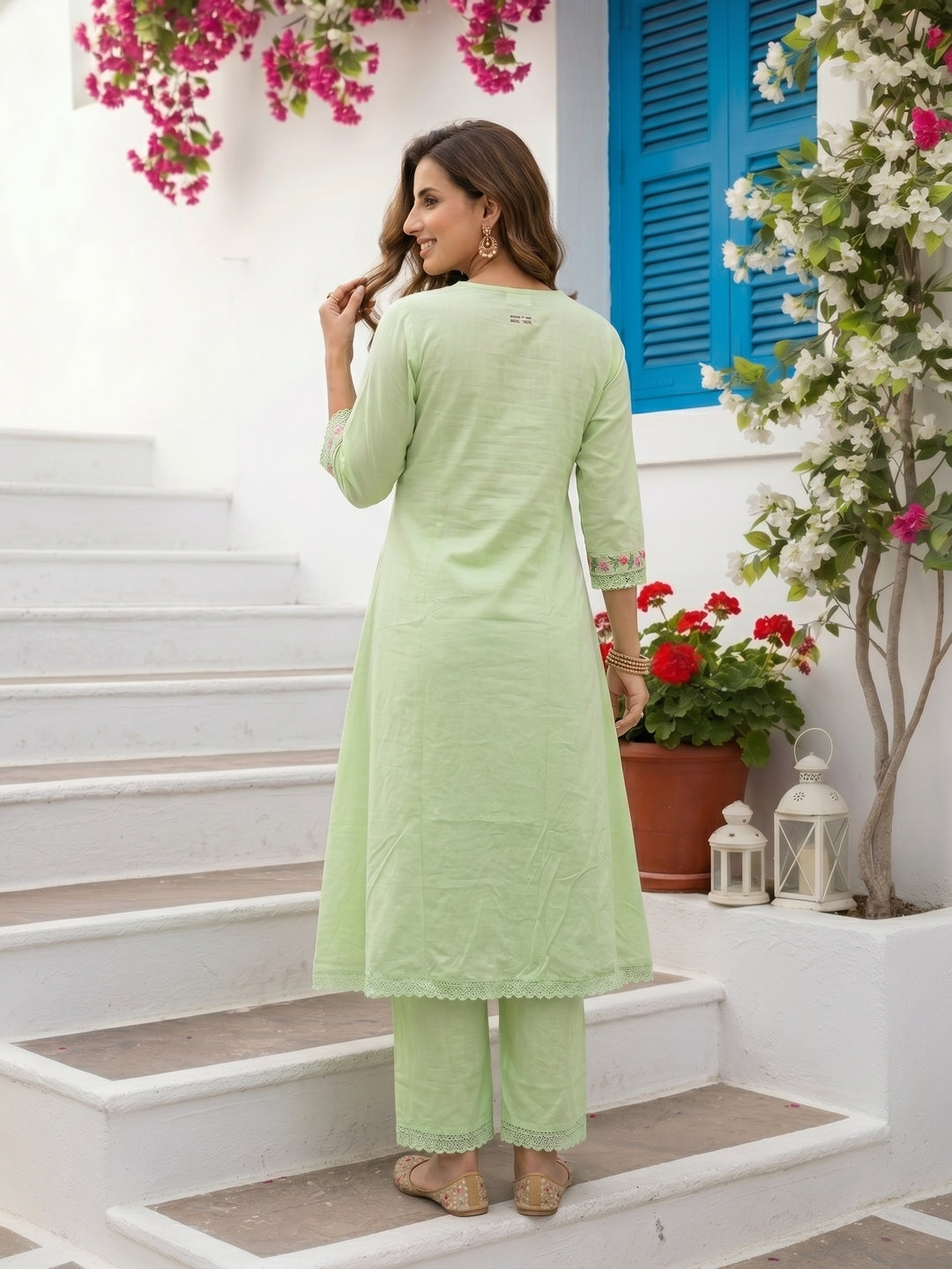 Solid Floral Embroidered A-Line Mulmul Kurta with Palazzo and Dupatta - Pista Green