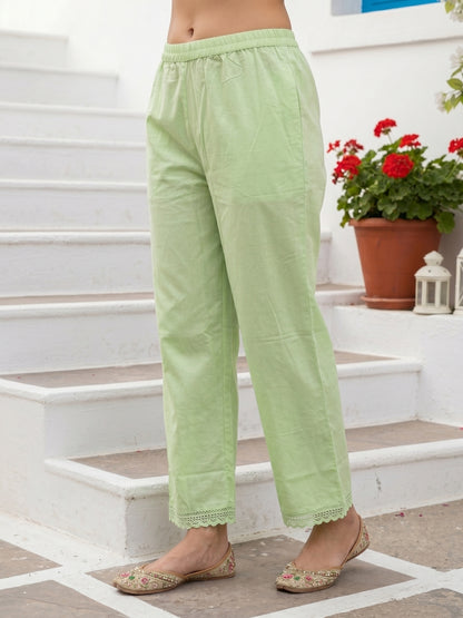 Solid Floral Embroidered A-Line Mulmul Kurta with Palazzo and Dupatta - Pista Green