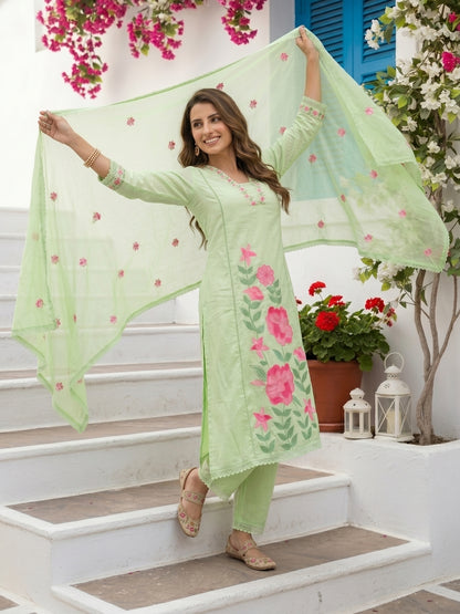 Solid Floral Embroidered A-Line Mulmul Kurta with Palazzo and Dupatta - Pista Green