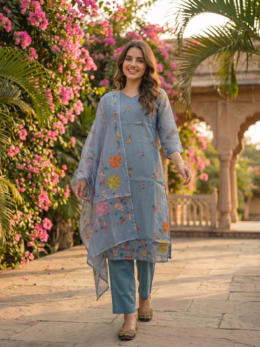Floral Printed Straight Kurta with Palazzo and Dupatta - Sky Blue
