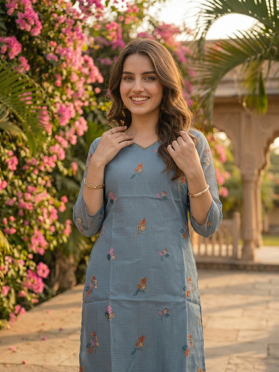 Floral Printed Straight Kurta with Palazzo and Dupatta - Sky Blue
