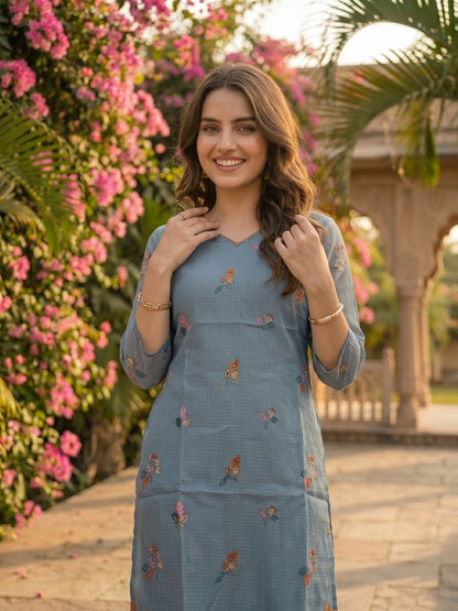 Floral Printed Straight Kurta with Palazzo and Dupatta - Sky Blue