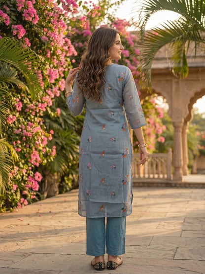 Floral Printed Straight Kurta with Palazzo and Dupatta - Sky Blue