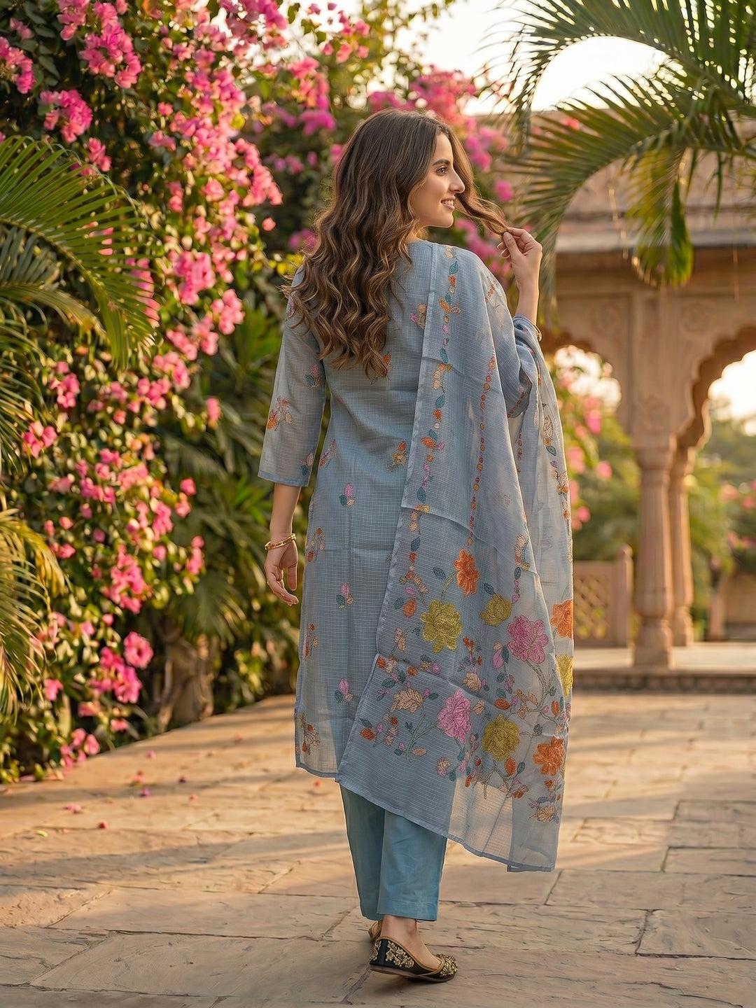 Floral Printed Straight Kurta with Palazzo and Dupatta - Sky Blue