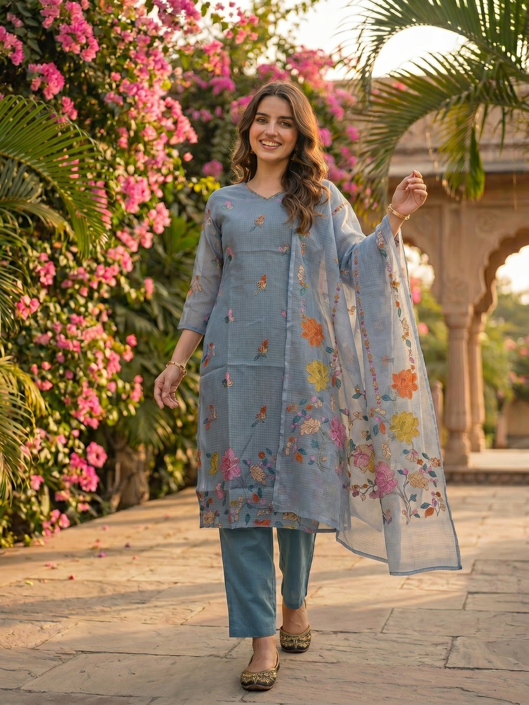 Floral Printed Straight Kurta with Palazzo and Dupatta - Sky Blue