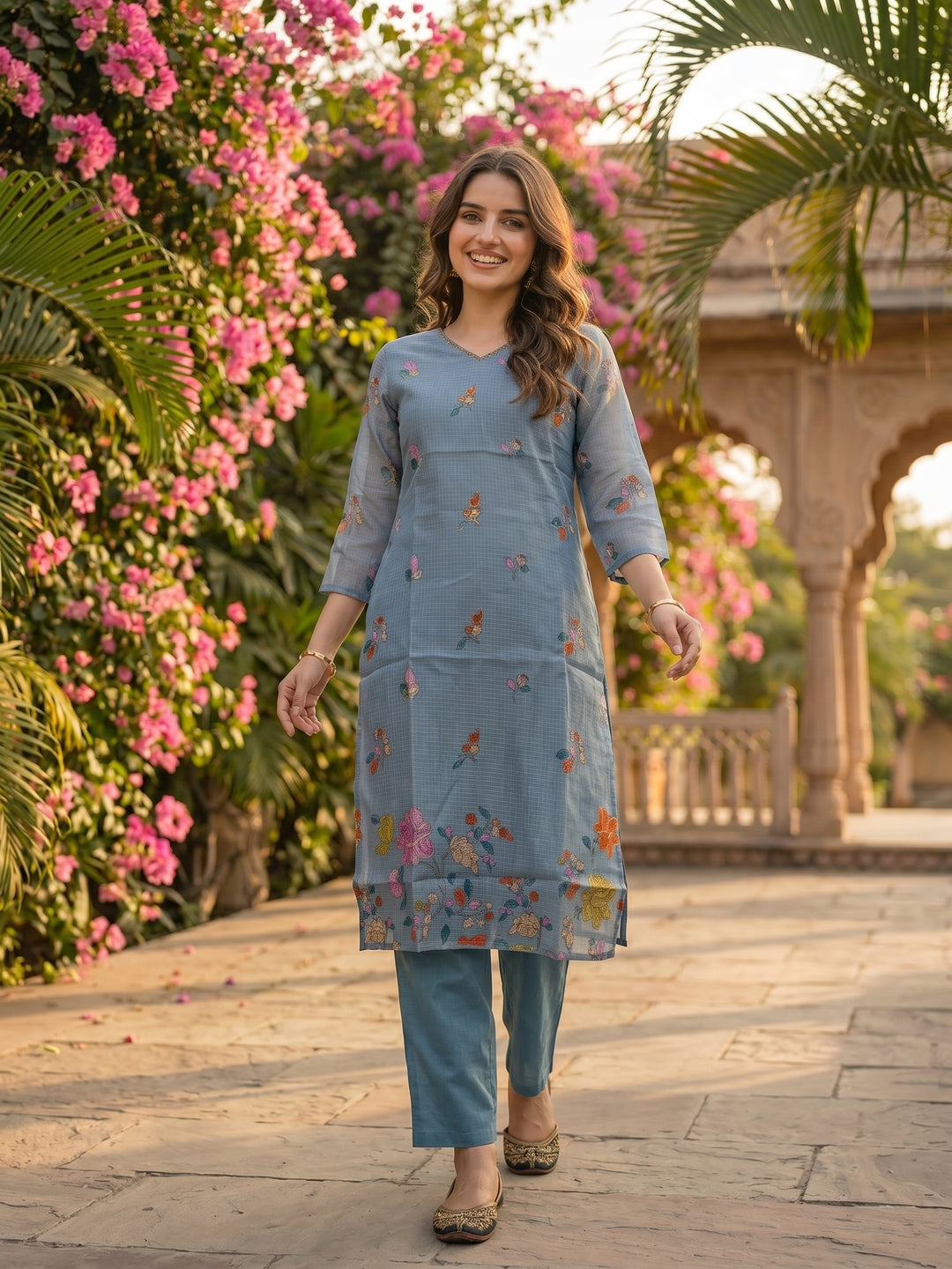 Floral Printed Straight Kurta with Palazzo and Dupatta - Sky Blue