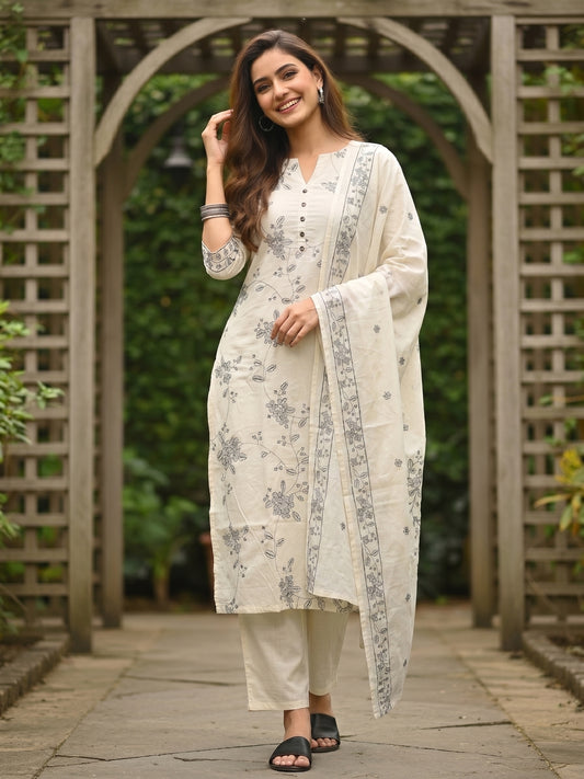 Solid Floral Embroidered Straight Kurta with Pant and Dupatta - Off White