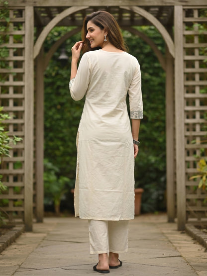 Solid Floral Embroidered Straight Kurta with Pant and Dupatta - Off White