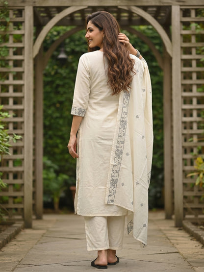 Solid Floral Embroidered Straight Kurta with Pant and Dupatta - Off White