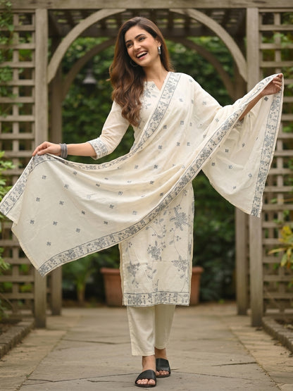 Solid Floral Embroidered Straight Kurta with Pant and Dupatta - Off White