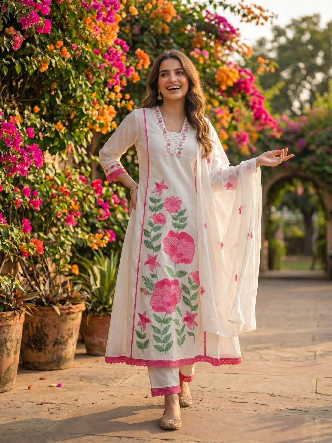 Solid Floral Embroidered A-Line Mulmul Kurta with Palazzo and Dupatta - White