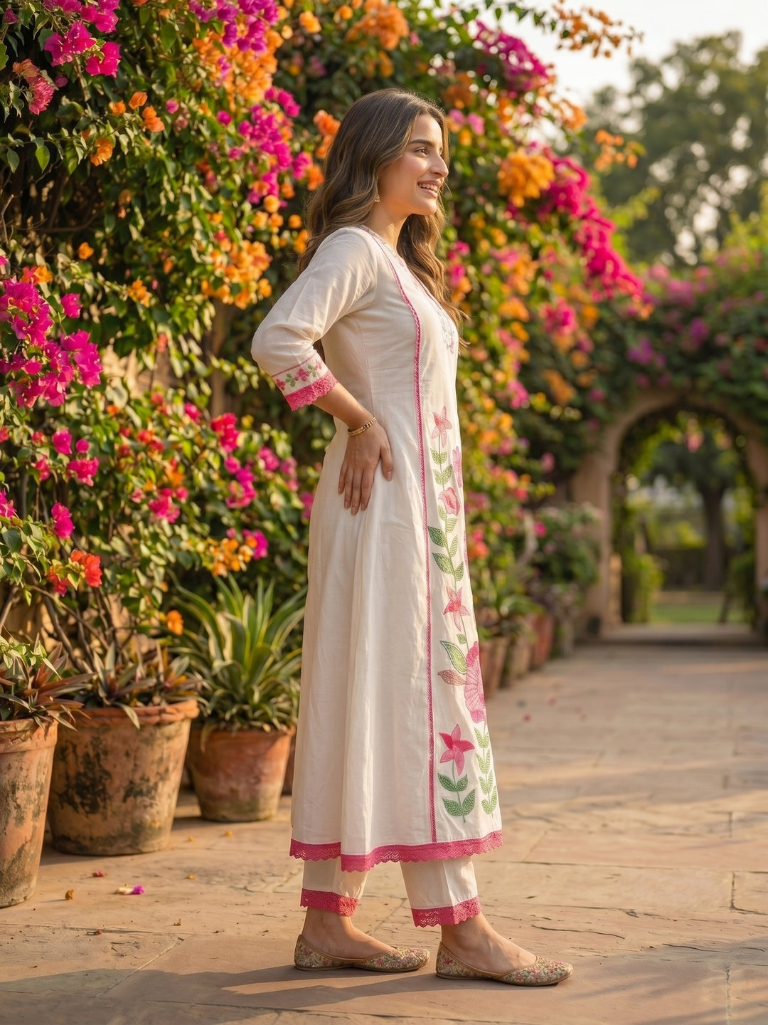 Solid Floral Embroidered A-Line Mulmul Kurta with Palazzo and Dupatta - White