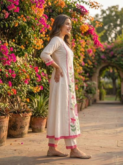 Solid Floral Embroidered A-Line Mulmul Kurta with Palazzo and Dupatta - White