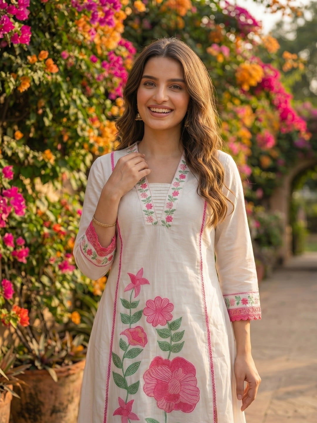 Solid Floral Embroidered A-Line Mulmul Kurta with Palazzo and Dupatta - White