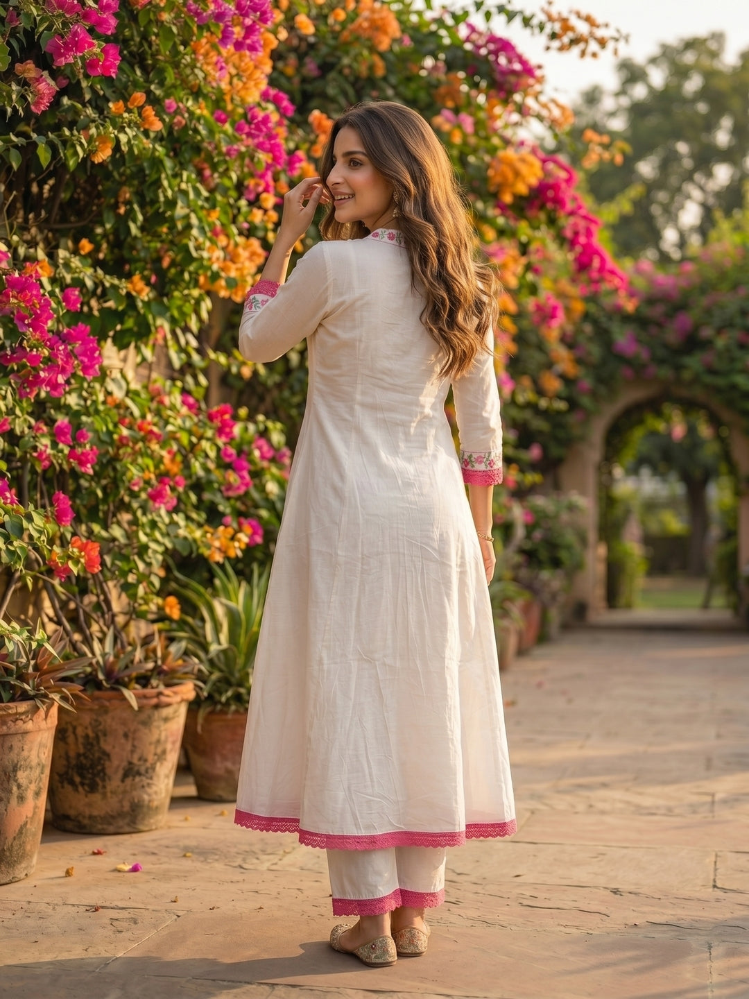 Solid Floral Embroidered A-Line Mulmul Kurta with Palazzo and Dupatta - White