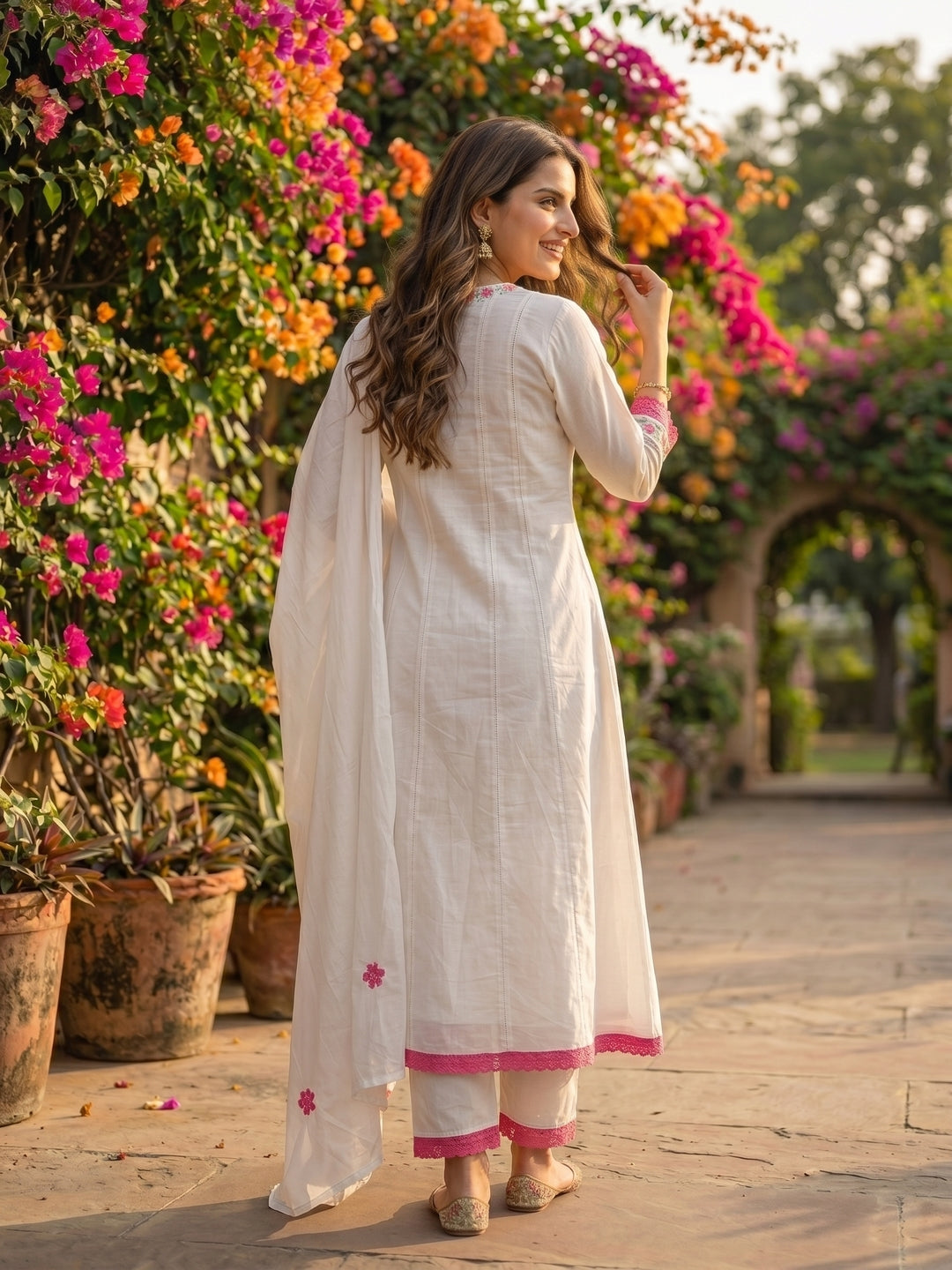 Solid Floral Embroidered A-Line Mulmul Kurta with Palazzo and Dupatta - White