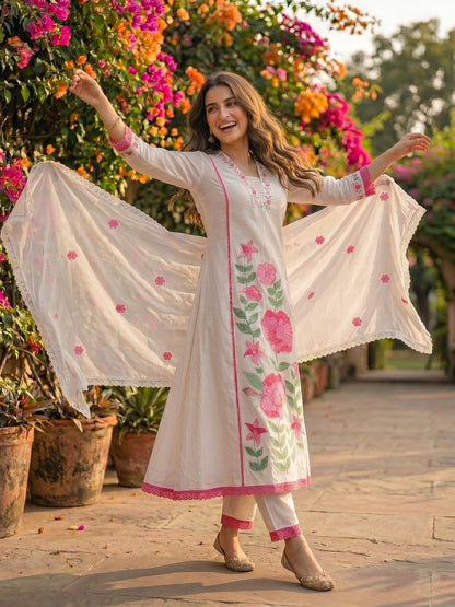Solid Floral Embroidered A-Line Mulmul Kurta with Palazzo and Dupatta - White