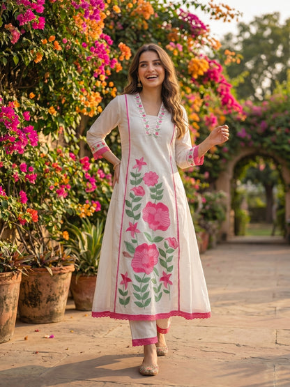 Solid Floral Embroidered A-Line Mulmul Kurta with Palazzo and Dupatta - White