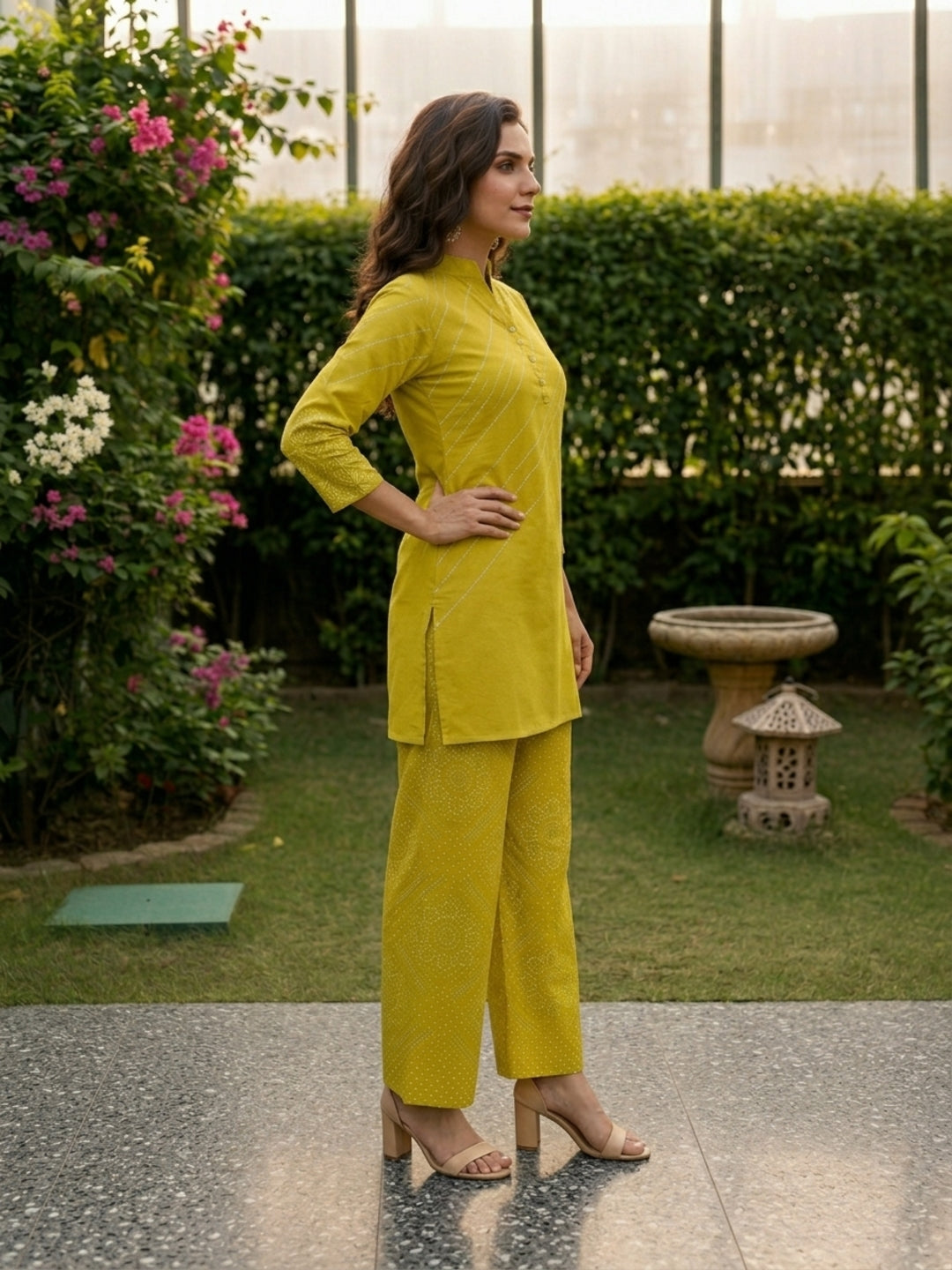 Lime Green Leheriya Printed Straight Kurta with Bandhej-Inspired Pyjama