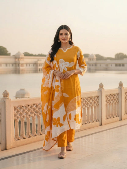 Mustard Floral Printed Mirror Work Straight Kurta with Pant & Dupatta