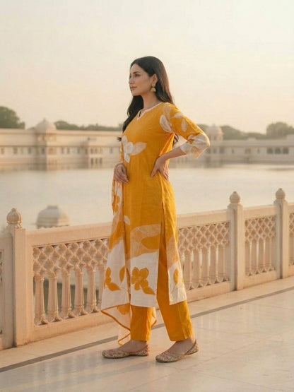 Mustard Floral Printed Mirror Work Straight Kurta with Pant & Dupatta