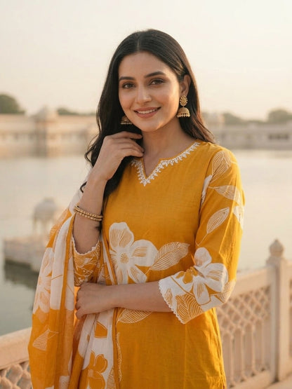 Mustard Floral Printed Mirror Work Straight Kurta with Pant & Dupatta