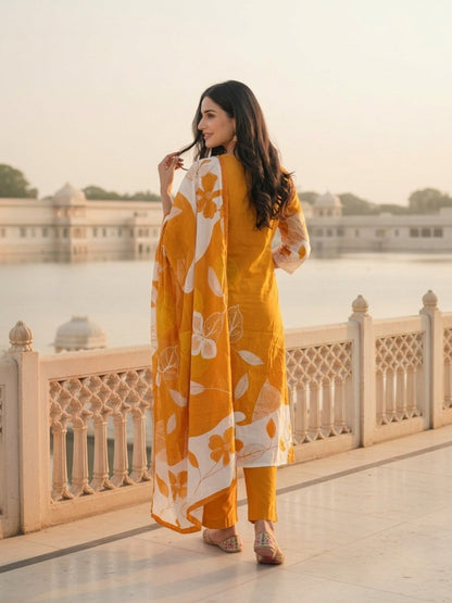Mustard Floral Printed Mirror Work Straight Kurta with Pant & Dupatta