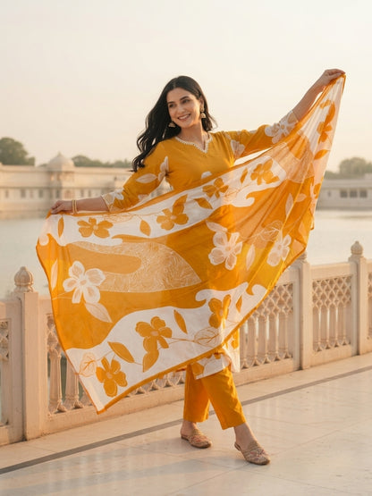 Mustard Floral Printed Mirror Work Straight Kurta with Pant & Dupatta