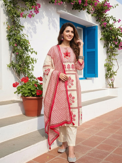 Floral Printed Mirror Embroidered Straight Kurta with Palazzo and Dupatta - Off White