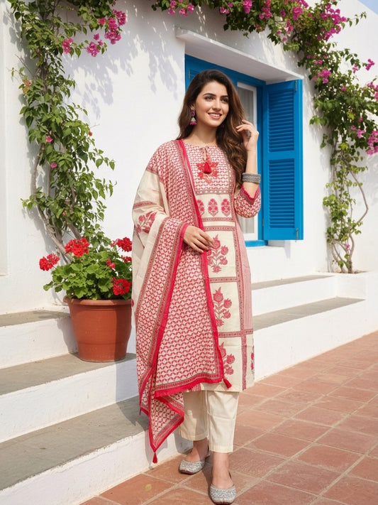 Floral Printed Mirror Embroidered Straight Kurta with Palazzo and Dupatta - Off White