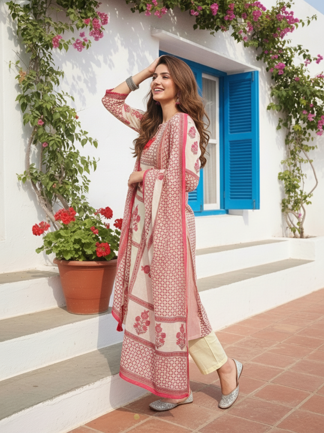 Floral Printed Mirror Embroidered Straight Kurta with Palazzo and Dupatta - Off White