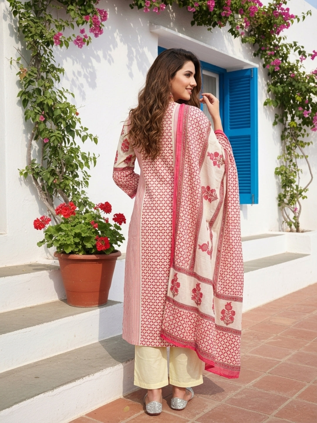 Floral Printed Mirror Embroidered Straight Kurta with Palazzo and Dupatta - Off White
