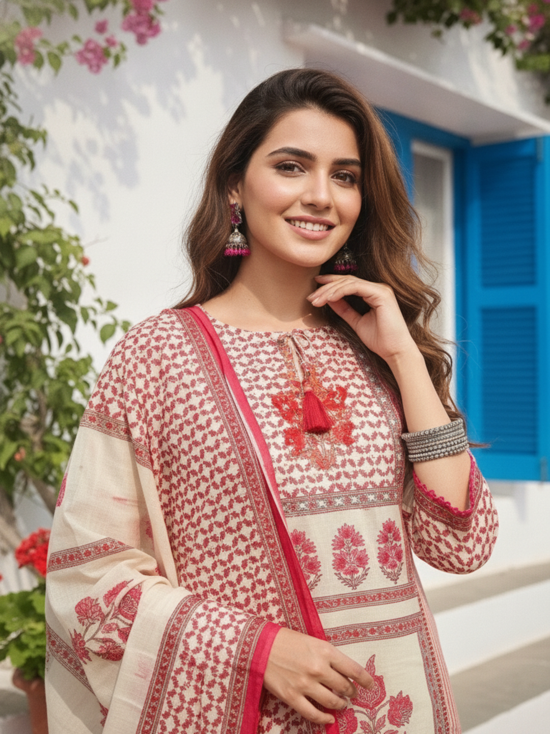 Floral Printed Mirror Embroidered Straight Kurta with Palazzo and Dupatta - Off White