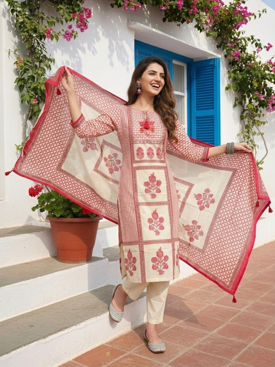 Floral Printed Mirror Embroidered Straight Kurta with Palazzo and Dupatta - Off White