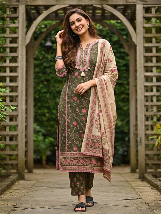 Green Ethnic Floral Printed Embroidered Straight Kurta with Palazzo & Dupatta