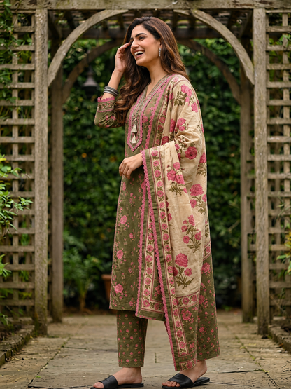 Green Ethnic Floral Printed Embroidered Straight Kurta with Palazzo & Dupatta