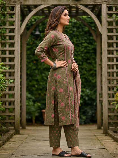 Green Ethnic Floral Printed Embroidered Straight Kurta with Palazzo & Dupatta