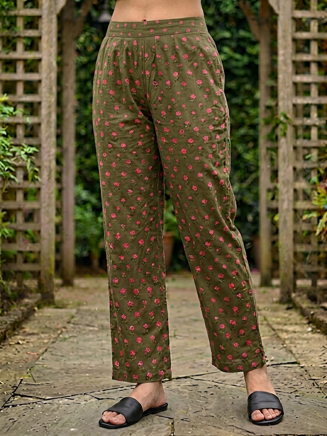Green Ethnic Floral Printed Embroidered Straight Kurta with Palazzo & Dupatta