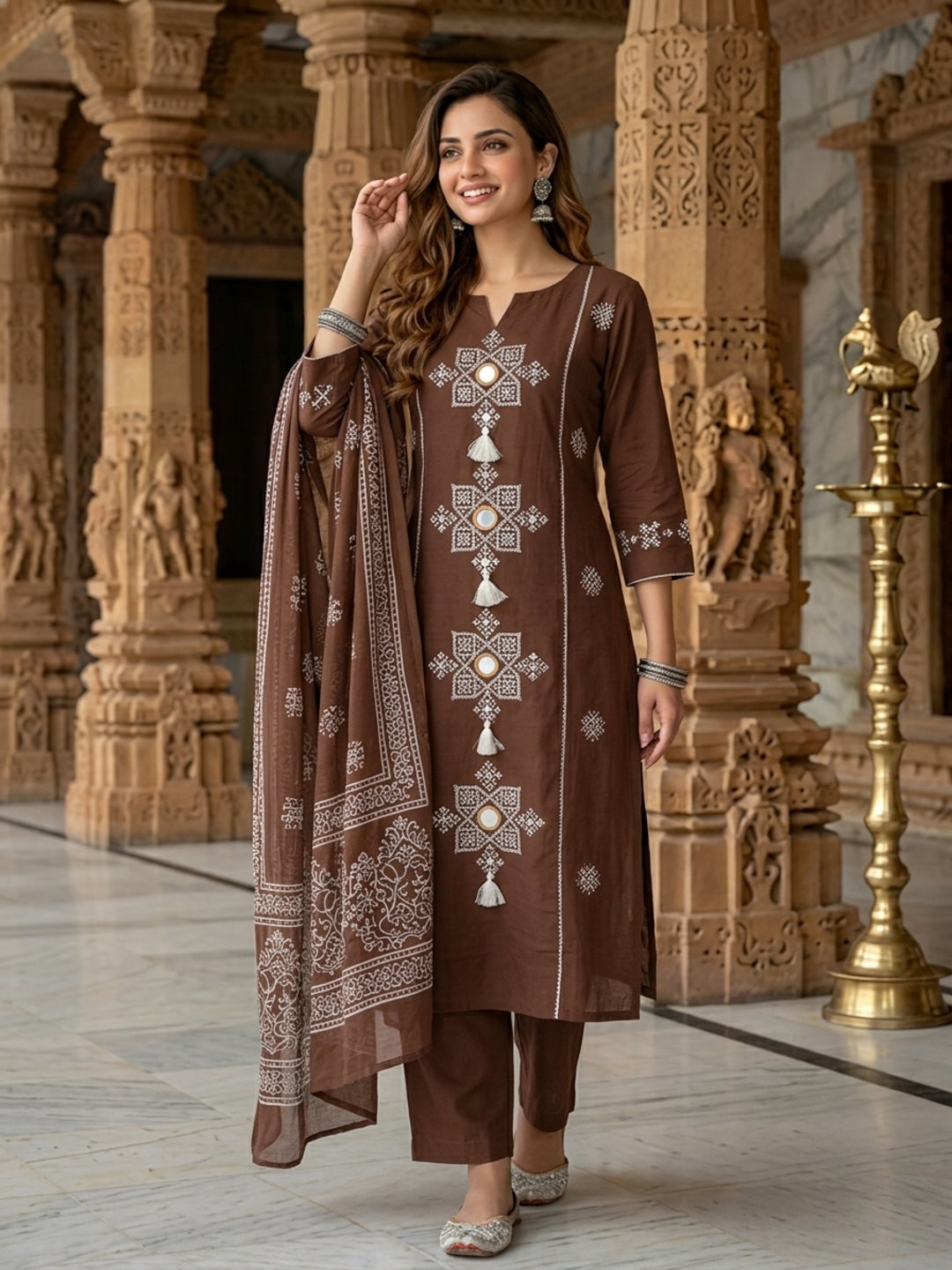 Coffee Brown Ethnic Mirror Embroidered A-Line Kurta with Palazzo & Dupatta