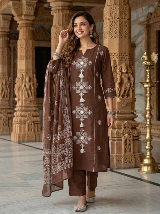 Coffee Brown Ethnic Mirror Embroidered A-Line Kurta with Palazzo & Dupatta