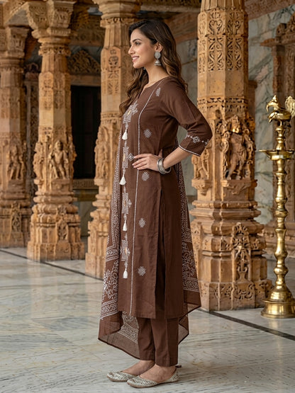 Coffee Brown Ethnic Mirror Embroidered A-Line Kurta with Palazzo & Dupatta
