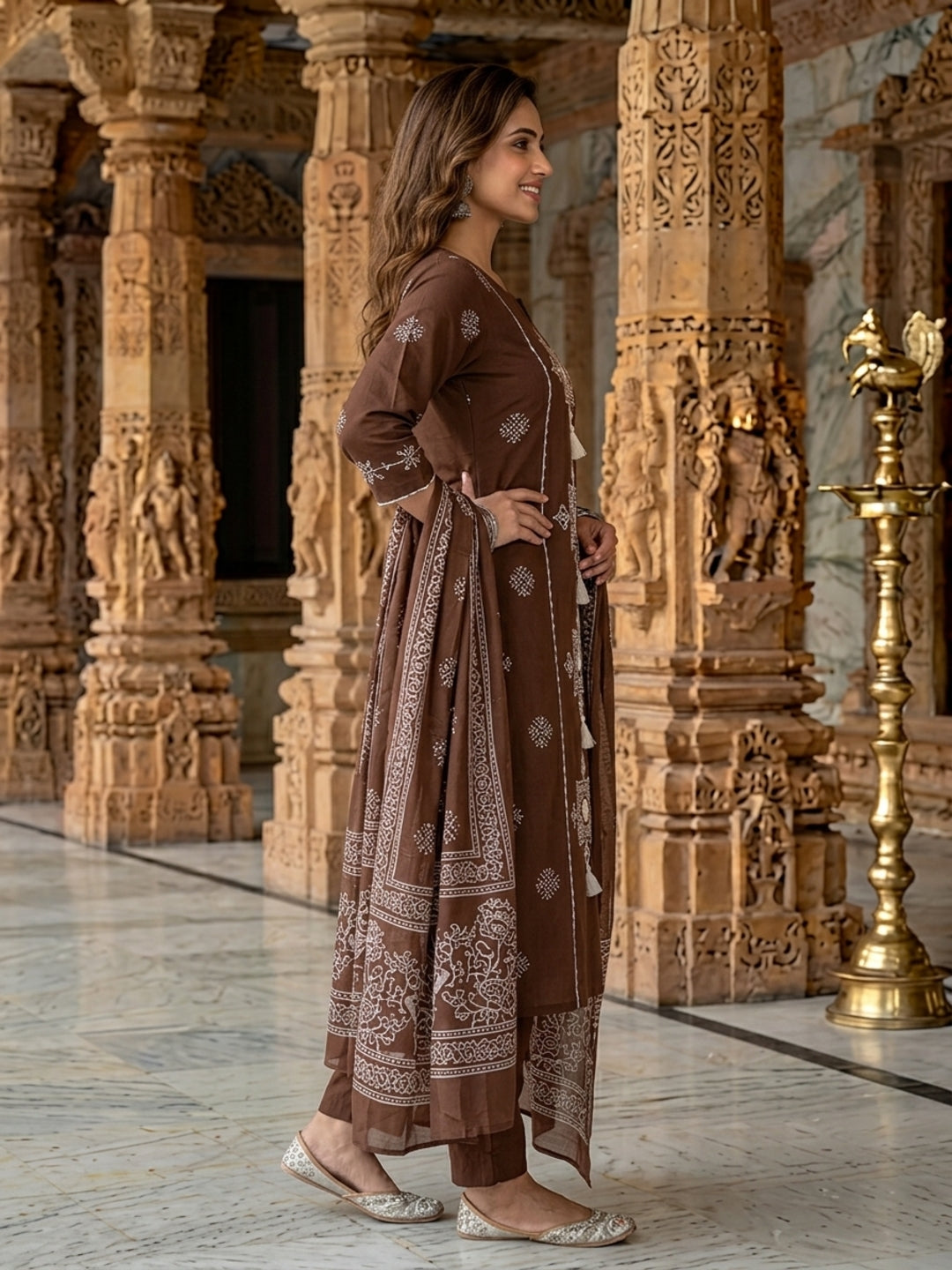Coffee Brown Ethnic Mirror Embroidered A-Line Kurta with Palazzo & Dupatta