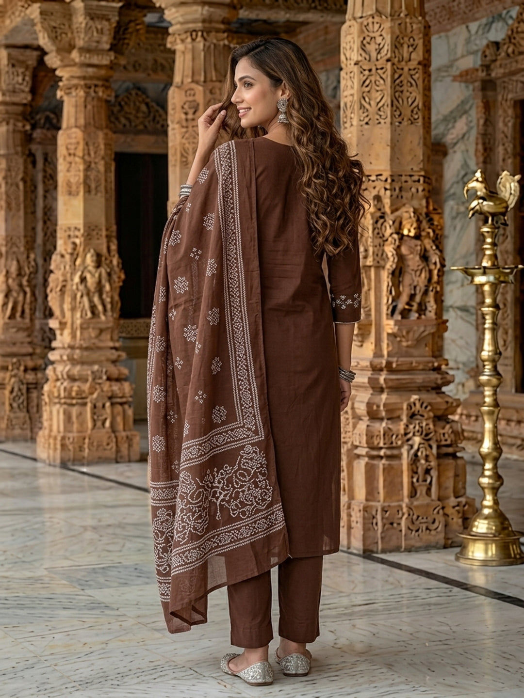 Coffee Brown Ethnic Mirror Embroidered A-Line Kurta with Palazzo & Dupatta