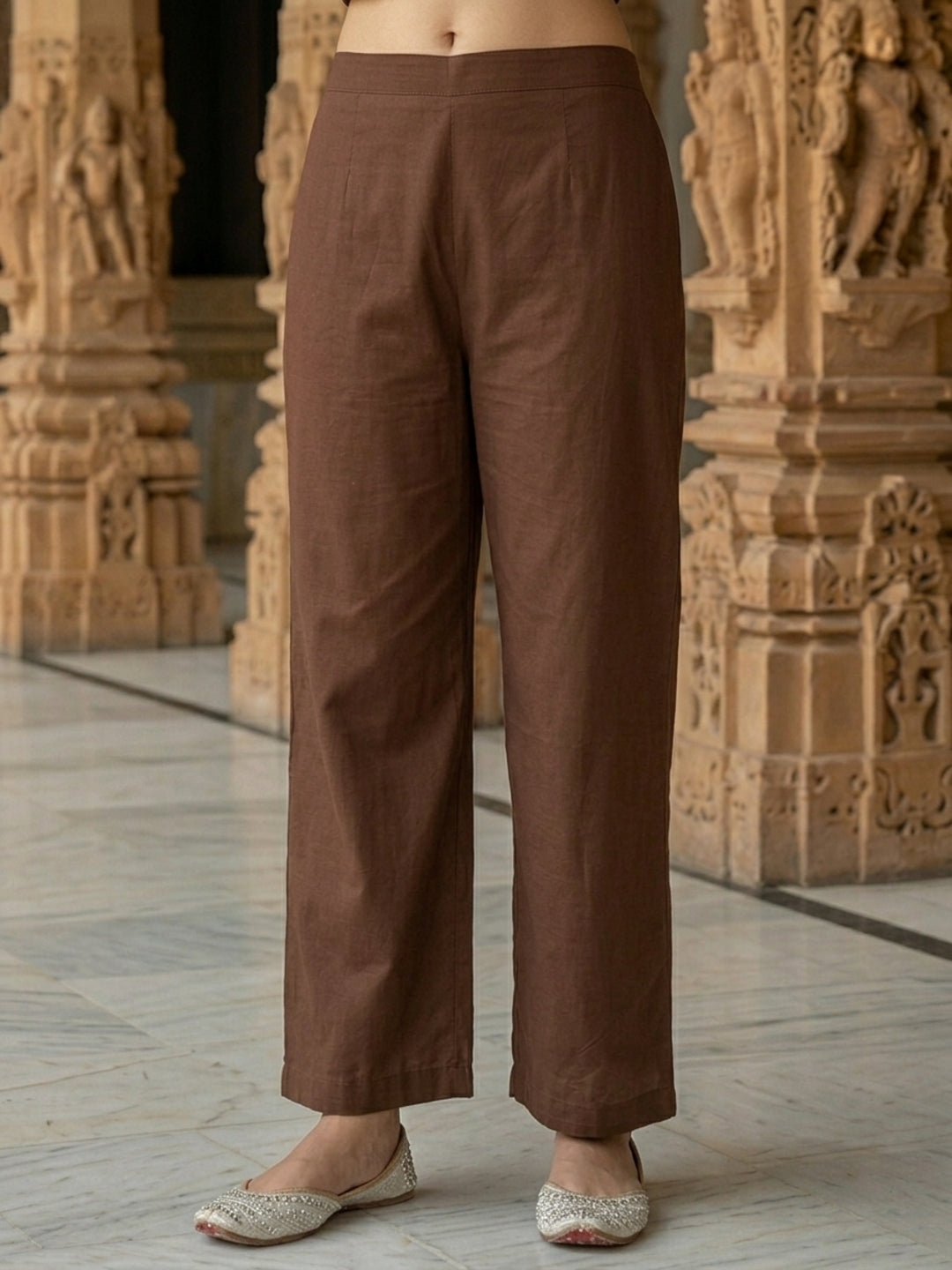 Coffee Brown Ethnic Mirror Embroidered A-Line Kurta with Palazzo & Dupatta